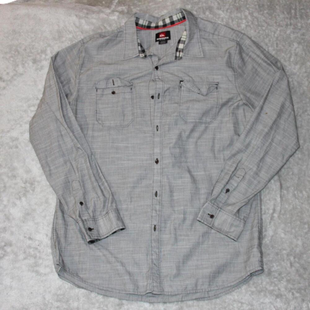 Quiksilver Shirt Mens XL Gray Button Up Long Sleeve Pockets Cotton Point Collar